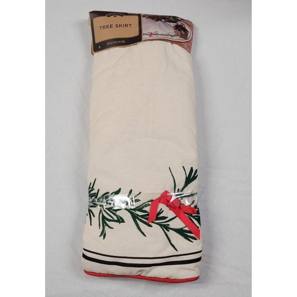 Holiday Time 56" Christmas Tree Skirt Ivory Canvas Green Pine Red Bow Ribbon New